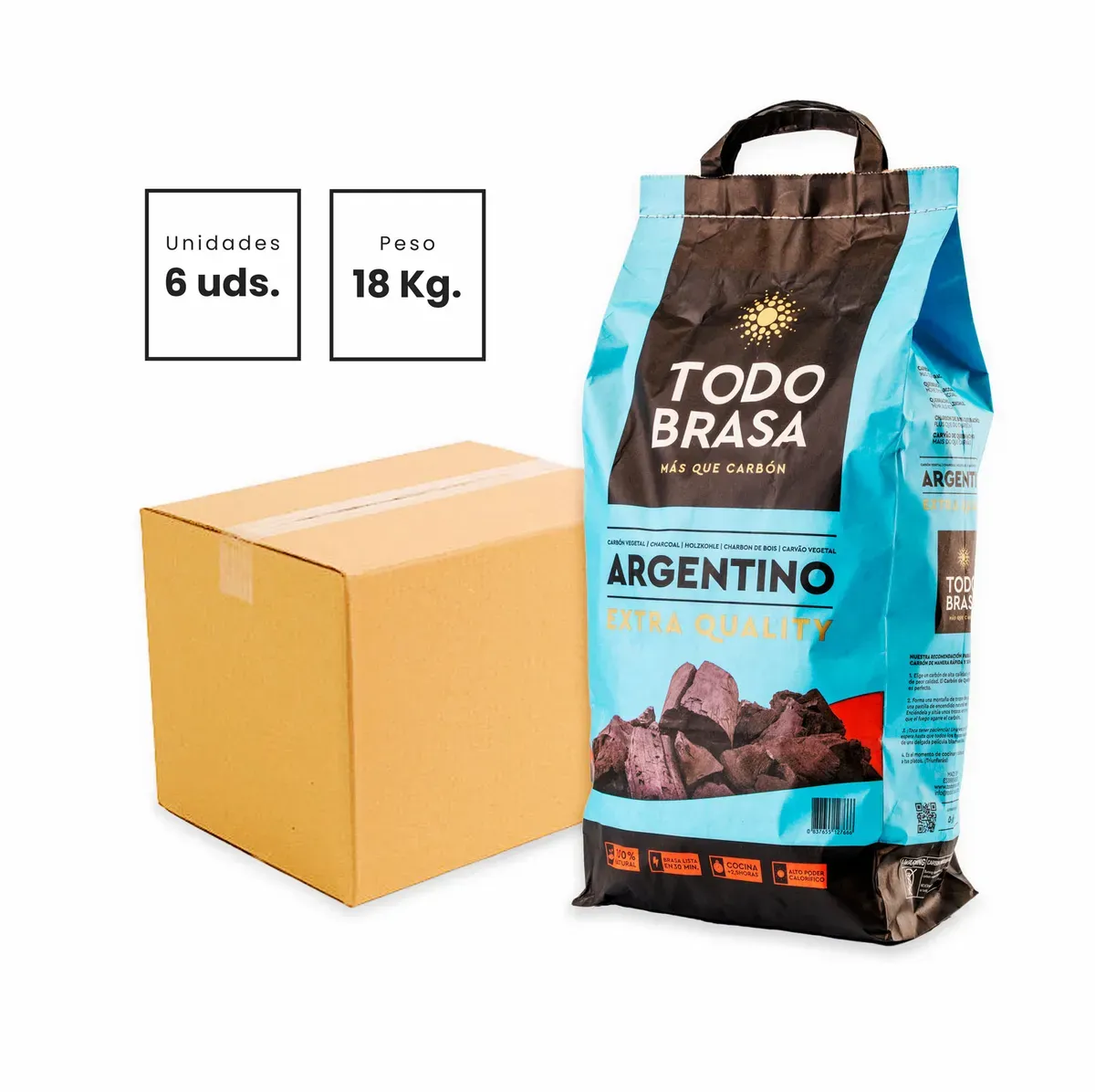 Carbón vegetal argentino Todo Brasa – 6 bolsas de 3 kg (18 kg)