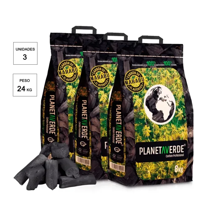 Carbón vegetal de marabú Planeta Verde – 3 sacos de 8 kg (24 kg)