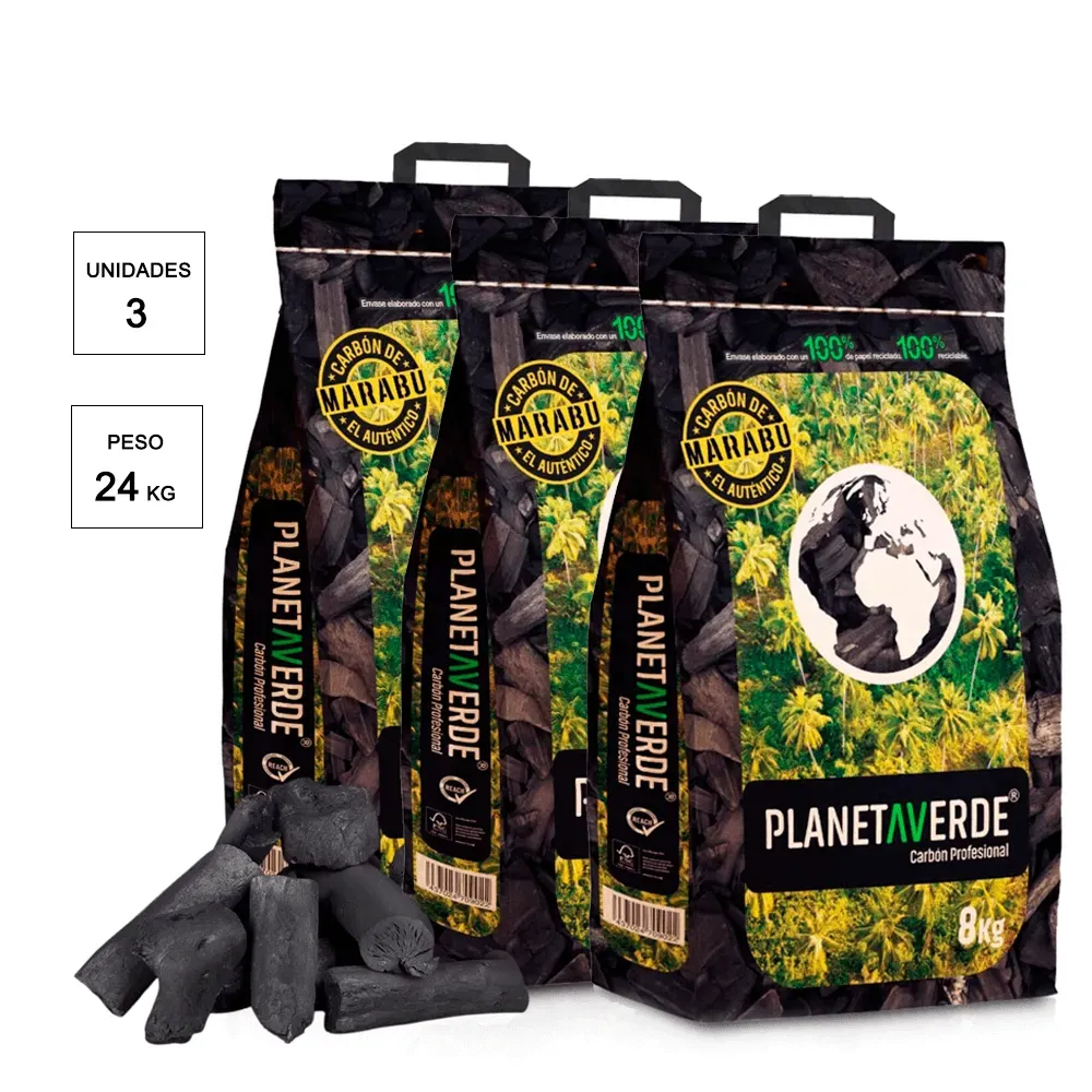 Carbón vegetal de marabú Planeta Verde – 3 sacos de 8 kg (24 kg)